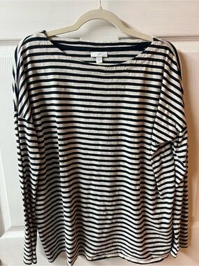 J. Jill Navy and Gray Striped Long-Sleeve Boatneck Top